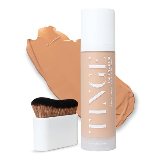 Tinge Body Makeup & Brush Bundle, 48-Hour Medium Coverage Tint with Hyaluronic Acid, Semi-Matte, Water & Transfer Resistant, Vegan, Kabuki Brush for Streak-Free Blending, Medium Neutral, 3.38 Fl Oz