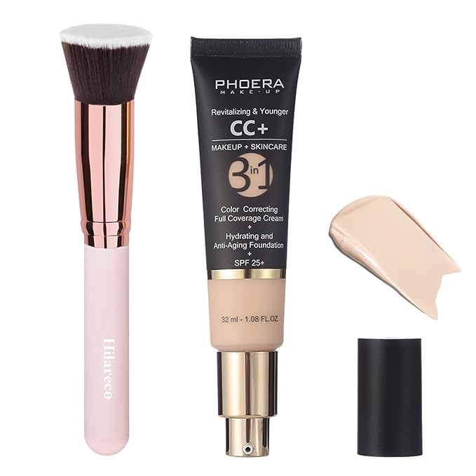 PHOERA CC+ Cream,Full Coverage Foundation，Color Correcting Cream,Anti Aging Hydrating Serum & SPF 25+ Sunscreen - Natural Finish - 1.08 fl oz (100 Porcelain)
