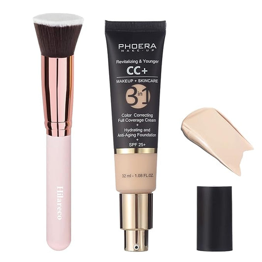 PHOERA CC+ Cream,Full Coverage Foundation，Color Correcting Cream,Anti Aging Hydrating Serum & SPF 25+ Sunscreen - Natural Finish - 1.08 fl oz (100 Porcelain)