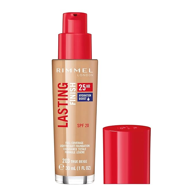 Rimmel London Lasting Finish 25HR - 203 True Beige - Foundation, 25-Hour Wear, Full Coverage, Waterproof, 1oz
