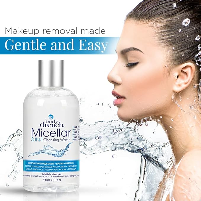 Body Drench 3-in-1 Micellar Water Makeup Remover, Facial Cleanser & Hydrating Water for Sensitive Skin, Removes Waterproof Makeup, 8.5 fl oz