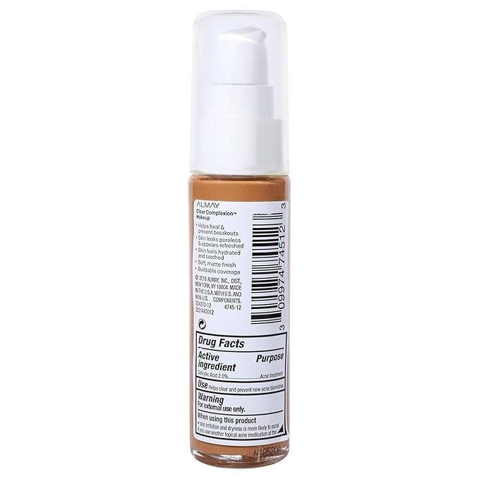 Almay Clear Complexion Makeup, Matte Finish Liquid Foundation with Salicylic Acid, Hypoallergenic, Cruelty Free, -Fragrance Free, Dermatologist Tested, 810 Almond, 1.0 oz