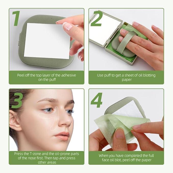 Oil Blotting Sheets - 300 PCS Face Oil Absorbing Sheets Natural Oil Control Film for Oily Skin with Mirror and Puff -Green