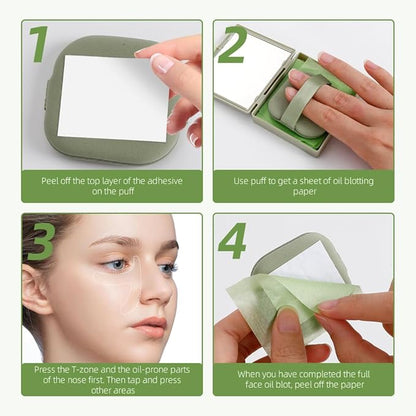 Oil Blotting Sheets - 300 PCS Face Oil Absorbing Sheets Natural Oil Control Film for Oily Skin with Mirror and Puff -Green