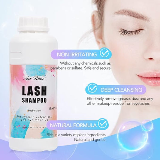 Eyelash Extension Cleanser Lash Shampoo Eyelash Extension Shampoo Lash Bath Cleaning Kit for Eyelash Care, Paraben & Sulfate Free for Salon Home Use (Bubble Gum 600ml)