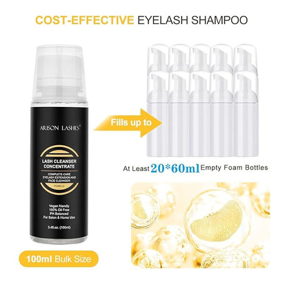 Eyelash Cleanser Concentrate 100ml Professional Lash Extensions Shampoo Natural Foaming Cleanser for Extensions Lashes with Salon Home Care-Makes 20 Bottles 60ml Eyelash Shampoo(pomelo)