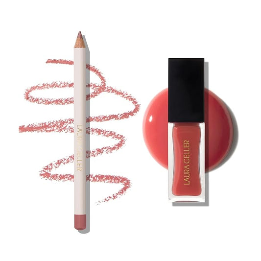 LAURA GELLER Nourishing Fine Shine Glossy Lip Oil, Rose Garden + Marble Lips Multidimensional Lip Liner, Poetic Pink | Get All-Day Hydrated Lips