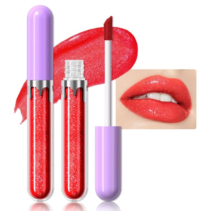 Glitter Liquid Lip Gloss,Red Shimmer Lipstick, Waterproof Shimmer Lip Stain Lip Glaze, High Shine Long Lasting Shiny Lip Color Makeup 10#