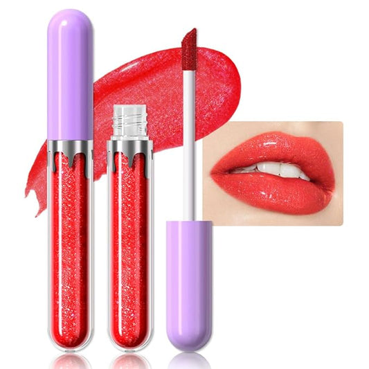 Glitter Liquid Lip Gloss,Red Shimmer Lipstick, Waterproof Shimmer Lip Stain Lip Glaze, High Shine Long Lasting Shiny Lip Color Makeup 10#