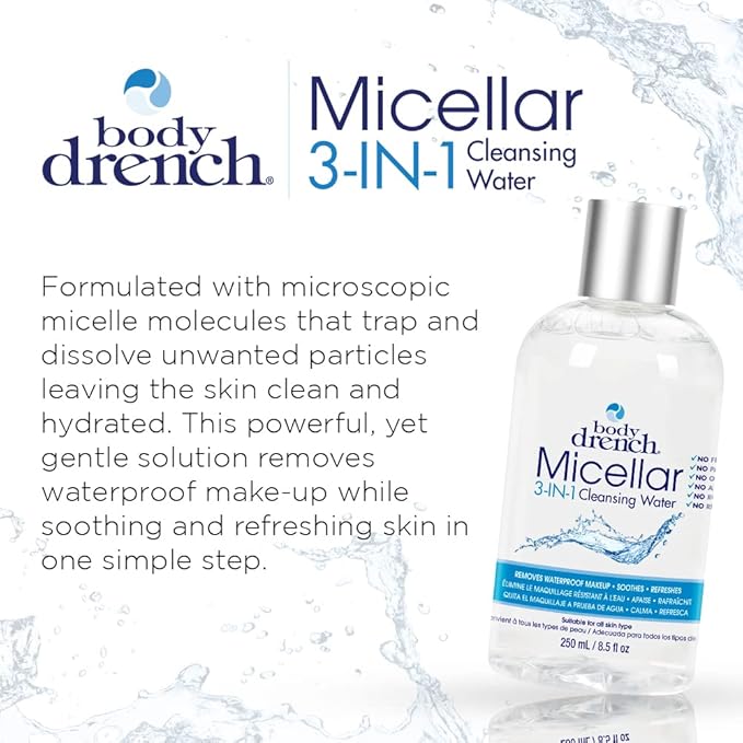 Body Drench 3-in-1 Micellar Water Makeup Remover, Facial Cleanser & Hydrating Water for Sensitive Skin, Removes Waterproof Makeup, 8.5 fl oz