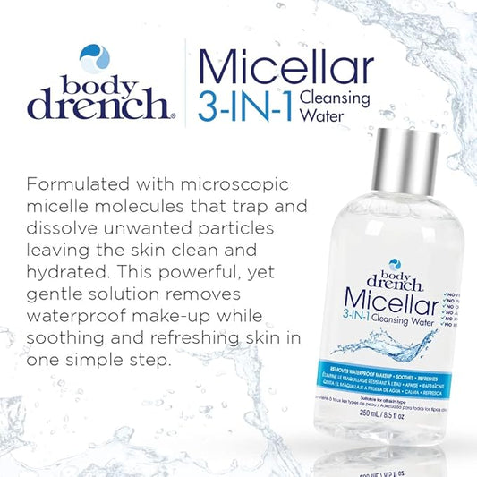 Body Drench 3-in-1 Micellar Water Makeup Remover, Facial Cleanser & Hydrating Water for Sensitive Skin, Removes Waterproof Makeup, 8.5 fl oz