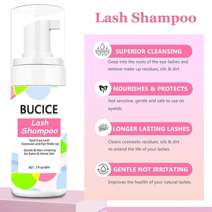 2.02 fl.oz / 60ml Lash Shampoo for Lash Extensions Removing, Eyelid Face Foaming Cleanser and Premium Eyelash Extension Cleansing, Safe Makeup Remover for Professional & Home Use