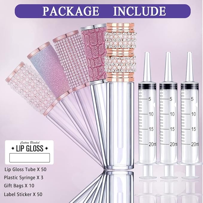 AMORIX 50 Pack Diamond Lip Gloss Tubes with Wand 5ml Empty Rhinestone Lip Gloss Containers Lipgloss Bottles Crystal Lip Gloss Supplies Kit + 3pcs Syringes + Labels for DIY Base