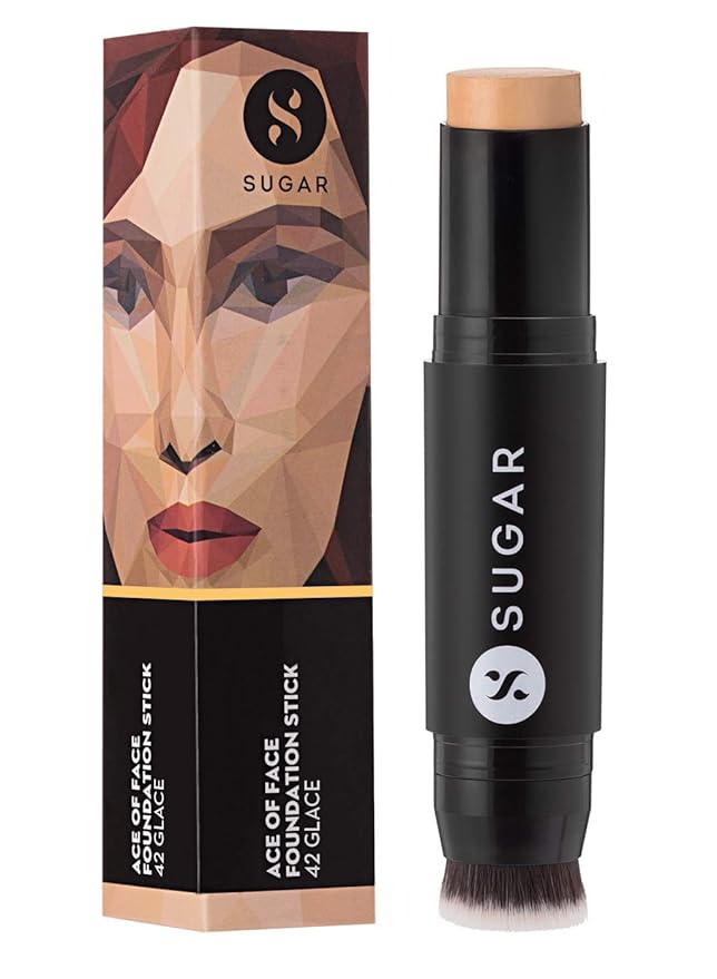 SUGAR Cosmetics Ace Of Face Foundation Stick with Inbuilt Brush - 42 Glace (Medium Beige, Golden Undertone) Full Coverage Waterproof Matte Finish