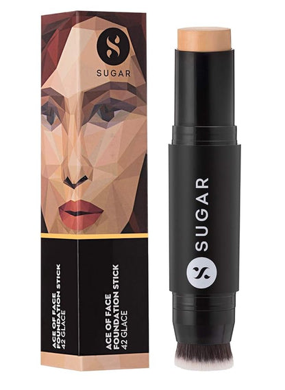 SUGAR Cosmetics Ace Of Face Foundation Stick with Inbuilt Brush - 42 Glace (Medium Beige, Golden Undertone) Full Coverage Waterproof Matte Finish