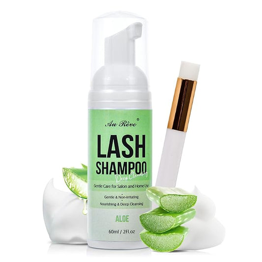 Lash Shampoo for Lash Extensions 60 Ml/2fl.oz Eyelash Extension Cleanser Oil Free Lash Cleanser for Eyelash Care, Gentle Foaming Eyelash Shampoo with Brush for Salon Home Care (Aloe 60ml)