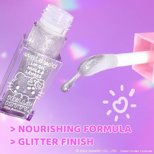 wet n wild Hello Kitty Glitter Lip Oil, New 10 Oil Infused Formula, Warm Apple Pie Lightly Scented, Sparkly Bold Colors, Cruelty-Free & Vegan - Diamond Bow
