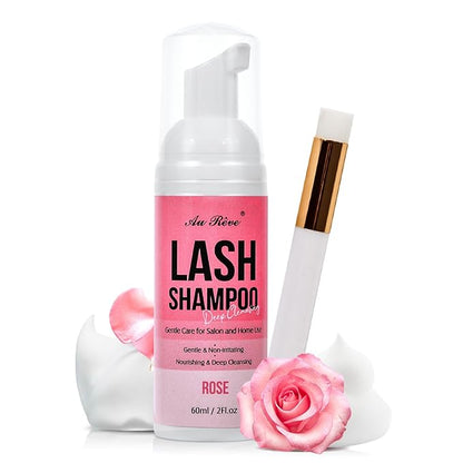 Lash Shampoo for Lash Extensions 60 Ml/2fl.oz Eyelash Extension Cleanser Oil Free Lash Cleanser for Eyelash Care, Gentle Foaming Eyelash Shampoo with Brush for Salon Home Care (Rose 60ml)