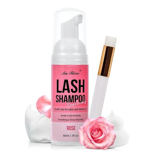Lash Shampoo for Lash Extensions 60 Ml/2fl.oz Eyelash Extension Cleanser Oil Free Lash Cleanser for Eyelash Care, Gentle Foaming Eyelash Shampoo with Brush for Salon Home Care (Rose 60ml)