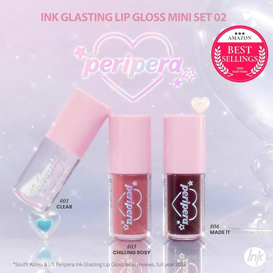 Peripera Ink Glasting Mini Gift Sets Lip Gloss (2.5ml * 3), Long-Lasting Hydration, Moisturizing Korean Lip