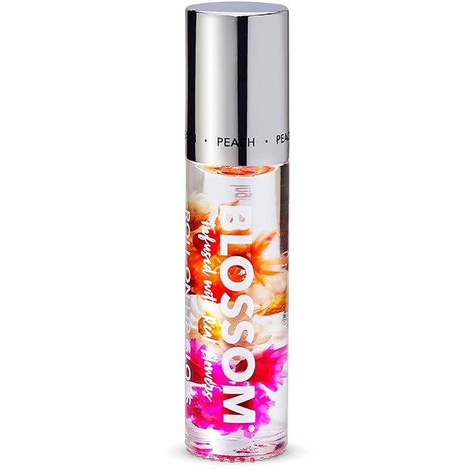 Blossom Roll on Lip Gloss, Scented Clear High Shine Moisturizing Lip Oil, Non Sticky, Infused with Real Flowers, Made in USA, 0.2oz, Juicy Peach