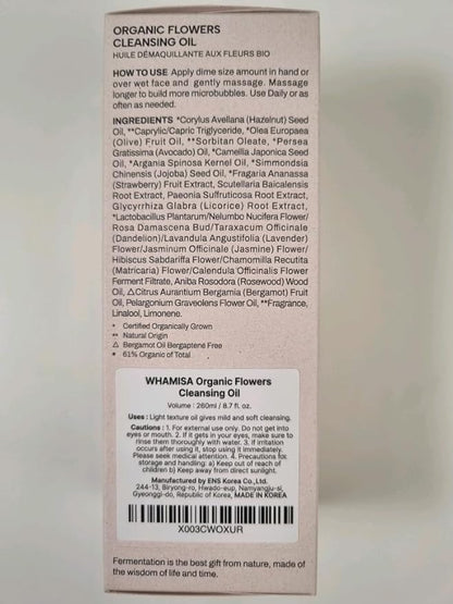 Whamisa Organic Flowers Cleansing Oil, Face Cleanser, Postbiotic-Rich Makeup Remover for Deep Cleansing, Pore Care, Rolling, Fermented, Easy Clean (260ml)