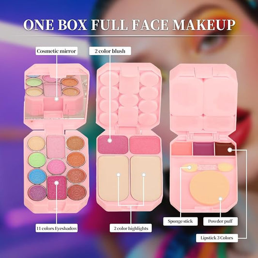 18 Color Beauty Makeup Palette Set Portable All-in-One 11 Eyeshadow 2 Blush 2 Shimmer 3 Lipstick Palette Kit with Dual-Ended Brushes, Travel-Friendly Cosmetic Case for Daily Party