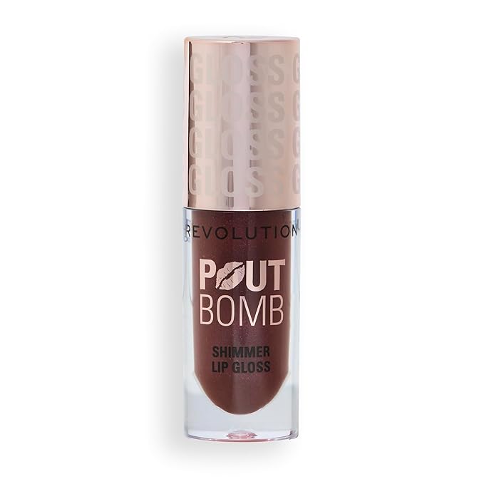 Revolution, Pout Bomb Shimmer Gloss, High-Shine Lip Gloss & Shimmer for Glossy Lips with Hyaluronic Acid & Sweet Vanilla Scent, Chocolate Sparkle, 0.15 Oz