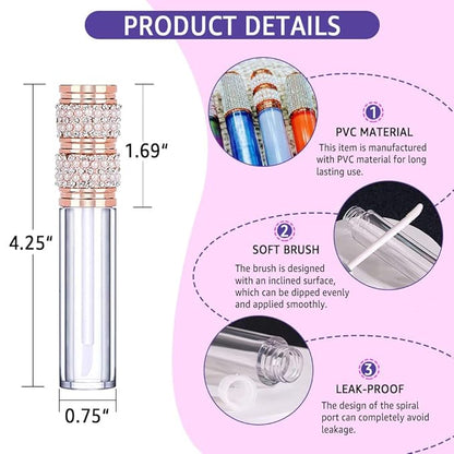 AMORIX 6pcs Lip Gloss Tubes with Wand 5ml Empty LipGloss Containers Pearl Diamond Lipgloss Bottles Crystal Lip Gloss Supplies Kit with 2pcs Syringe
