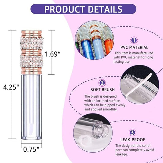 AMORIX 6pcs Lip Gloss Tubes with Wand 5ml Empty LipGloss Containers Pearl Diamond Lipgloss Bottles Crystal Lip Gloss Supplies Kit with 2pcs Syringe