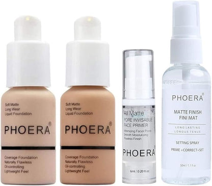 Full Coverage Makeup Set with Foundation (102 Nude & 104 Buff Beige), Primer Gel & Setting Spray - Complete Face Cosmetics Kit for Women