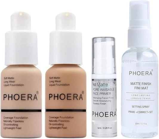 Full Coverage Makeup Set with Foundation (102 Nude & 104 Buff Beige), Primer Gel & Setting Spray - Complete Face Cosmetics Kit for Women