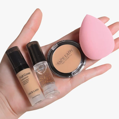 Waterproof Full Coverage Concealer With Primer Sponge Set, Smooth Matte Flawless Creamy Liquid Foundation Corrector Makeup Kit for Face Eye Dark Circles Spot Acne Scar Cover (0.2Fl, Light Natural)
