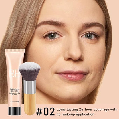 Hydrating BB Cream,Full Coverage Lightweight Matte Foundation & Concealer with Brush,Evens Skin Tone,Oil Control Cover Flaws,Natural Finish for All Skin Types,Vegan & Cruelty Free - Light Skin