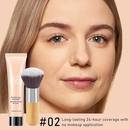 Hydrating BB Cream,Full Coverage Lightweight Matte Foundation & Concealer with Brush,Evens Skin Tone,Oil Control Cover Flaws,Natural Finish for All Skin Types,Vegan & Cruelty Free - Light Skin