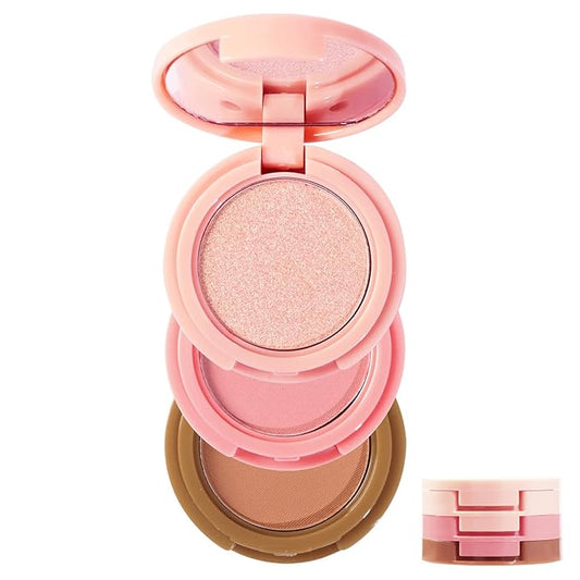 3-in-1 Blendable Trio, Contour and Highlight Blush Makeup Palette, Cream Bronzer, Silky Smooth Powder Blush, Shimmer Highlighter Makeup Powder, Travel-Friendly Stackable Make Up Kit with Mirror(02)