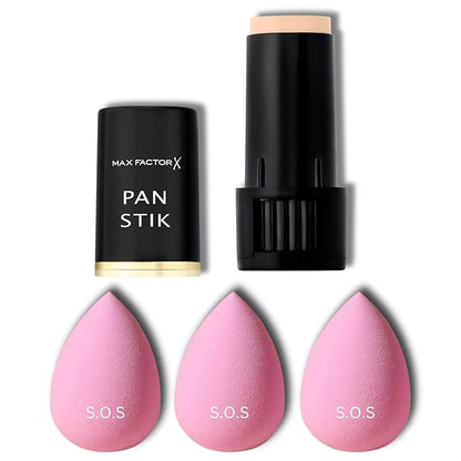 Max Factor Pan Stik Foundation 012 True Beige (Pack of 1) with S.O.S Beauty Blender (Pack of 3) bundle