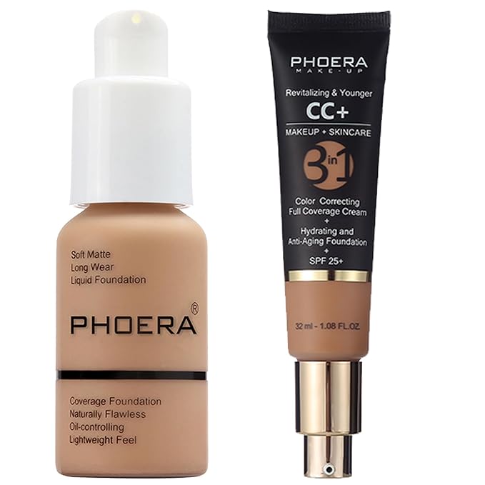 PHOERA Foundation Full Coverage,PHOERA CC Cream Color Correcting Anti Aging Hydrating Serum &SPF 25+,PHOERA Makeup Wrinkles Matte Natural Finish for a Flawless Complexion(105+160/Sand+Sand)