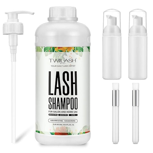 Lash Shampoo Bulk, Eyelash Cleanser for Extensions 1 Liter - 2 Foam Pump Bottles, 2 Lash Cleansing Brushes, Dispenser Pump - Eyelid Foaming Cleanser for Professional Salon and Home Use