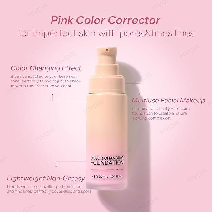 KYDA Pink Color Changing Foundation, Color Correcting Cream with Centella, Skin Glow Tinted Moisturizer for Dull Imperfect Skin, Lightweight Non-greasy, Hydrating, Sheer Cover, Multiuse Face Concealer