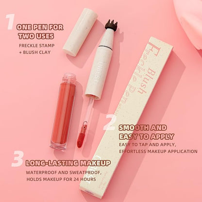 Double-Headed Freckle Blush Pen – 2-in-1 Faux Freckle Stamp & Soft Liquid Blush Duo, Waterproof Long-Lasting Freckles Tattoo Marker for Sunkissed Natural Look, Lightweight & Easy to Blend (04#)