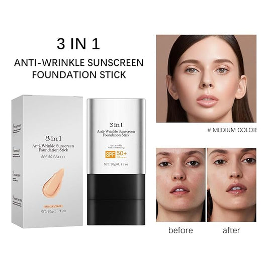 Foundation Stick with Brush, SPF 50, Hydrating Anti Wrinkle Non-Sticky Matte Finish Sun Protection for Face and Body, Long-lasting Travel Size Korean Skin Care Sun Stick (Medium, 0.71oz)