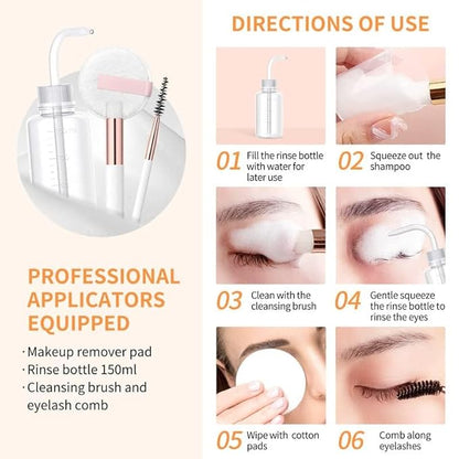 BREYLEE Eyelash Extension Cleanser, Lash Shampoo for Extensions, Lash Cleanser, Lash Bath, Lash Cleaner, Lash Cleaning Kit with Rinse Bottle+Brush+Pad for Professional & Self