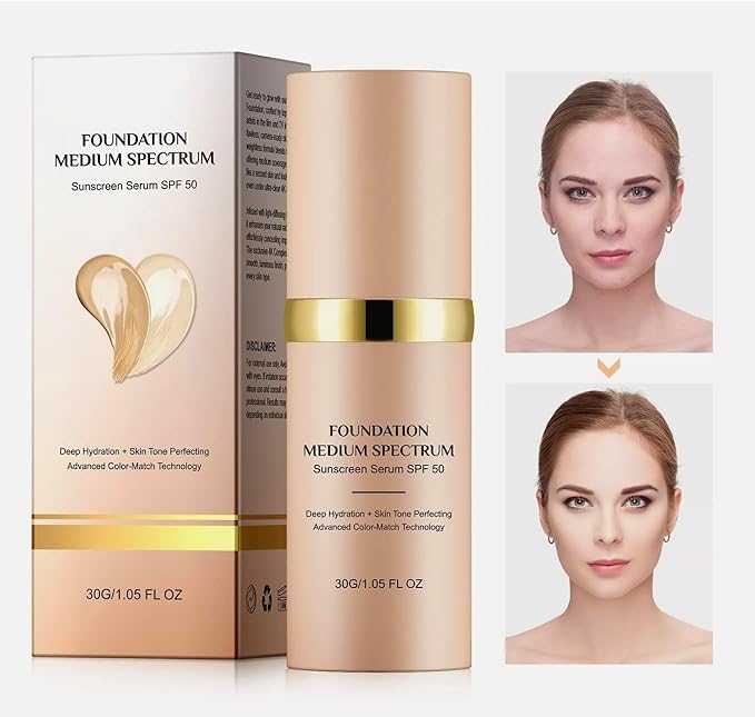 Foundation 4 in 1 - Medium Spectrum with SPF 50+, Anti-Aging, Concealer, Sun Protection, Hydrating Color Changing Foundation Makeup Liquid - Longwearing & Waterproof for Sport, Dancing (1PC, 30ml)