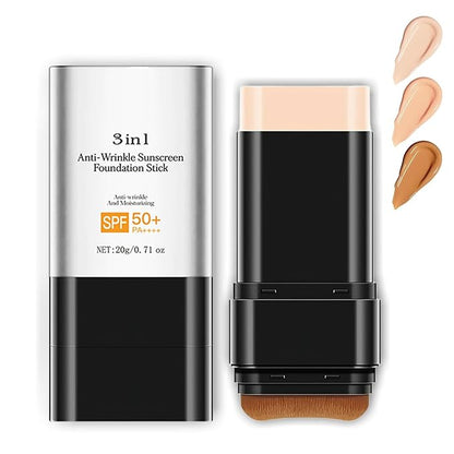Foundation Stick with Brush, SPF 50, Hydrating Anti Wrinkle Non-Sticky Matte Finish Sun Protection for Face and Body, Long-lasting Travel Size Korean Skin Care Sun Stick (Light, 0.71oz)