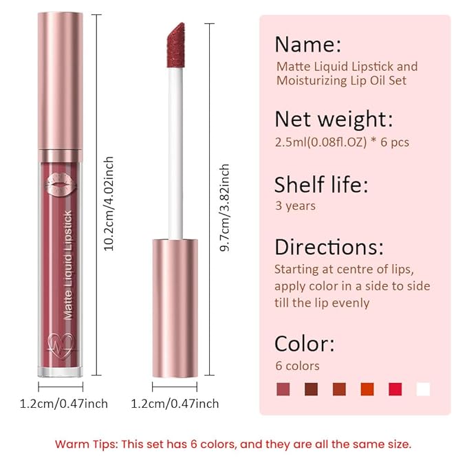 5Pcs Matte Velvet Liquid Lip Gloss Set, Liquid Lip Sticks + 1Pcs Lip Oil Set, Red Lipstick Collection, Rich Colors Long-Lasting Wear Not Fade Waterproof Lip Stain for All Skin Types (set3