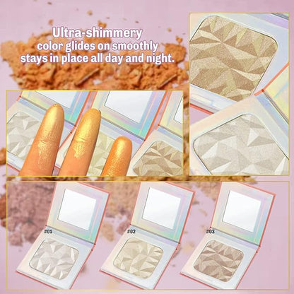 Highlighter Makeup Palette,holographic packaging with Mirror Cosmetics Vegan, Cruelty Free and Hypoallergenic 6 color Pigmented Face (Highlighters-03)