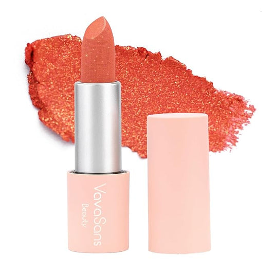 Vegan Glitter Lipstick Coral Bouquet Shimmer Metallic Sparkling Pink Peach Shade Long Lasting Waterproof Non-Sticky Formula Diamond Shiny Highly Pigmented Lip Stick for Women