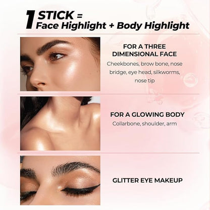 SACE LADY Jelly Highlighter Stick, Face Glow Sticks with Watery Radiant Finish, Easy Blend & Long Lasting, Multi-Use Cream Highlighter Makeup 3 Colors (02 ROSE, 1pc)