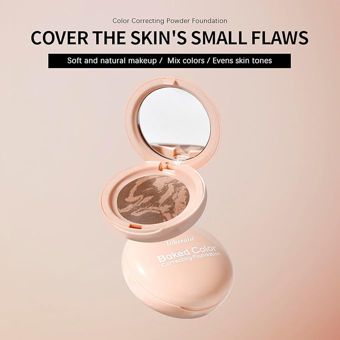 Baked Color Correcting Foundation – Lightweight Airy Finish Powder Makeup with Mirror, Subtle Glow, Oil Control, Long Lasting – Fine Texture for Smooth Light to Medium Coverage (#2 Tan)